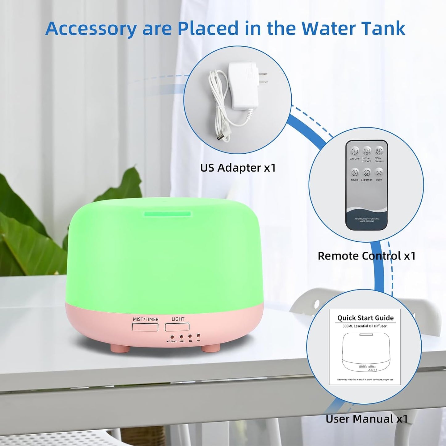 SPLITSKY 300ml Ultrasonic Essential Oil Diffuser with Remote Control | 7-color LED lighting, 2 mist modes, 2H and 4H timers, and waterless auto shut-off for bedrooms, desks and offices.
