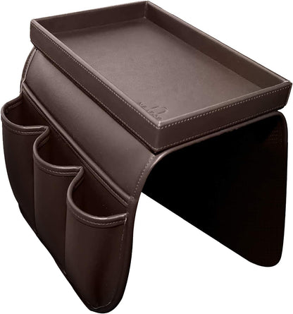 NEATOPA Couch Remote Caddy Control Holder Sofa Organizer with Detachable Wooden Snack Tray for Recliner Mattresses Chair Armrests with 4 Slots - 1 Large Pockets and 3 Small Pockets (Brown)