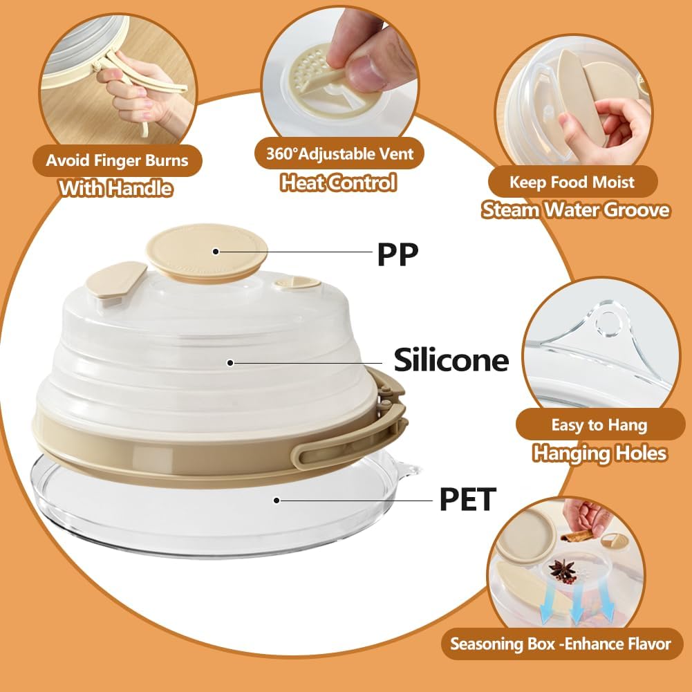 10.6 inch Large Collapsible Microwave Splatter Cover & Anti-Scald Base Plate with Water Steamer with100 Elastic Food Covers, Microwave Cover for Food with Handle,Silicone Microwave Food Cover