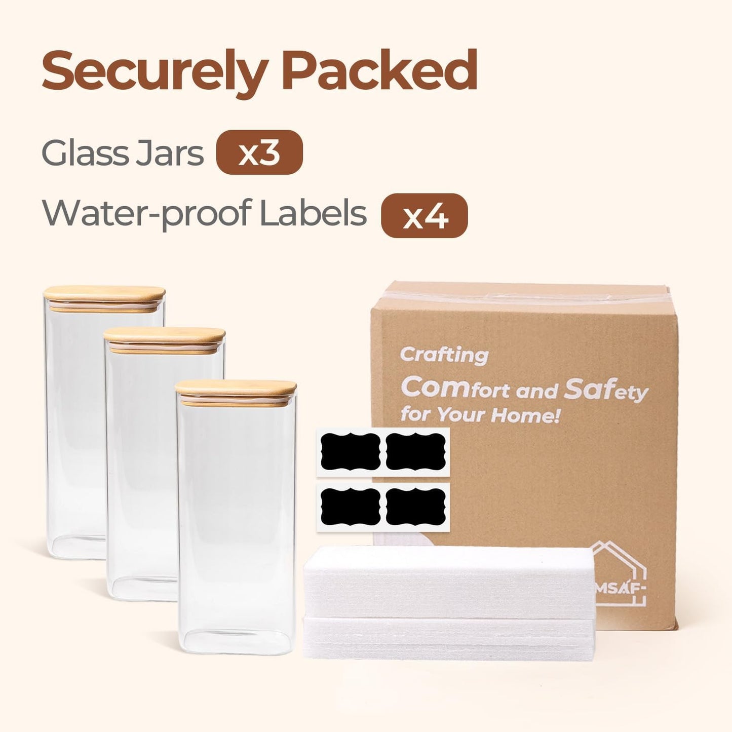 ComSaf Spice Jars 8oz Set of 6, Small Seasoning Containers with 9 Labels | Small Glass Jars With Labels, Empty Rectangle Canisters, Spice Rack Organization, Loose Tea, Herb, Powder, Dry Good, BPA Free