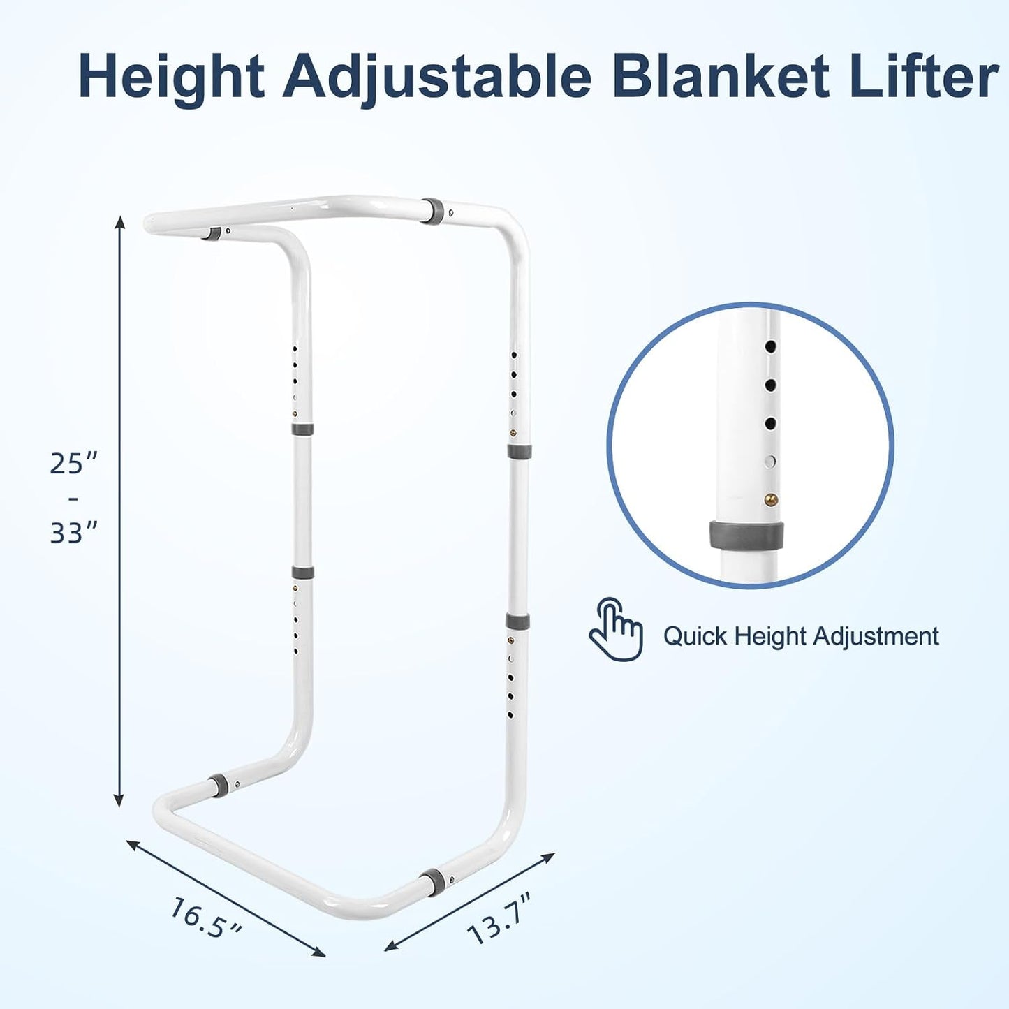 HEPO Blanket Lifter,Adjustable Height Blanket Lift Bar,Included 4 Clips | Adjustable Height Settings from 25" to 33",Steel Clamps, Fits Various Bed Types,Rust-Proof,No Wobble, Metal Frame ,Tool-Free.