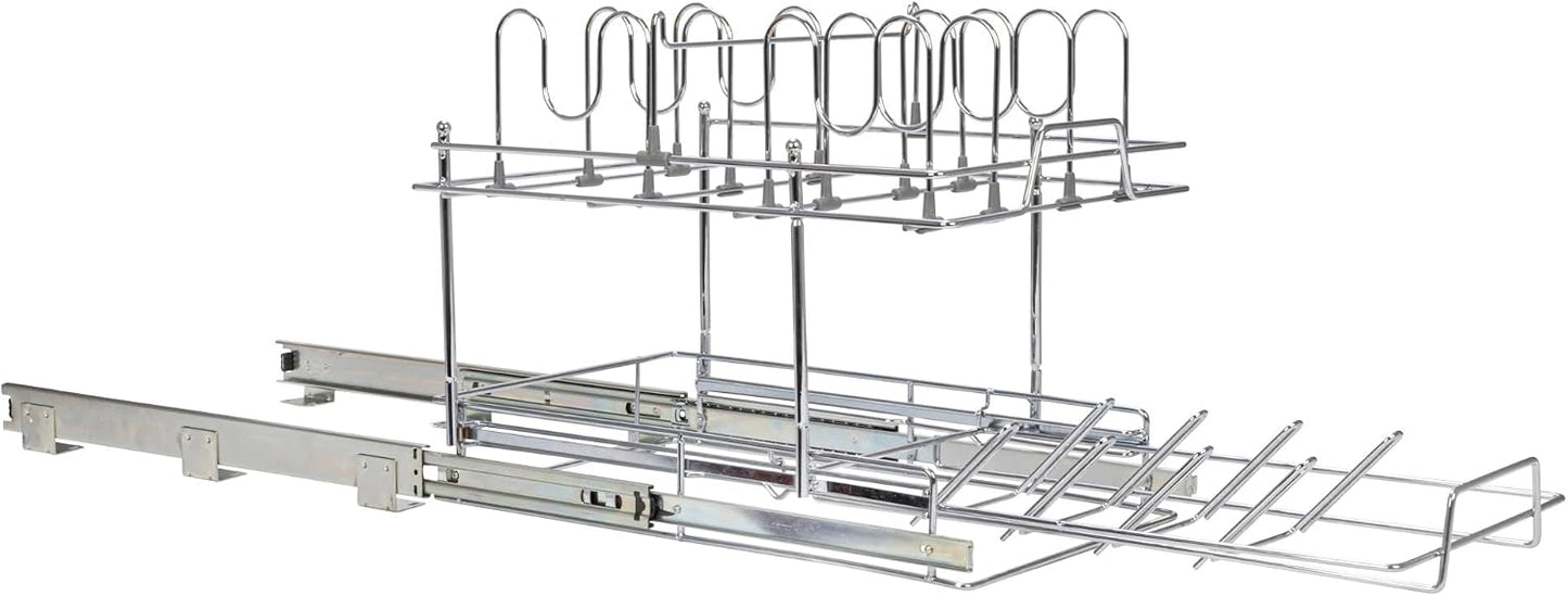 Household Essentials Glidez Multipurpose Chrome-Plated Steel Pull-Out/Slide-Out Storage Organizer for Cookware and Bakeware - 2-Tier Design - Fits Standard Size Cabinet or Shelf, Chrome