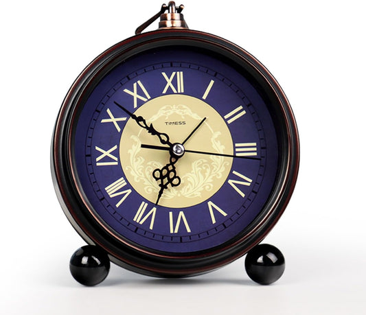 TIMESS Vintage Analog Alarm Clock, 4.3" Silent Non-Ticking Quartz Desk Clock with Roman Numerals, Battery Operated Table Clock for Bedroom, Living Room, Office, or Gift (White)