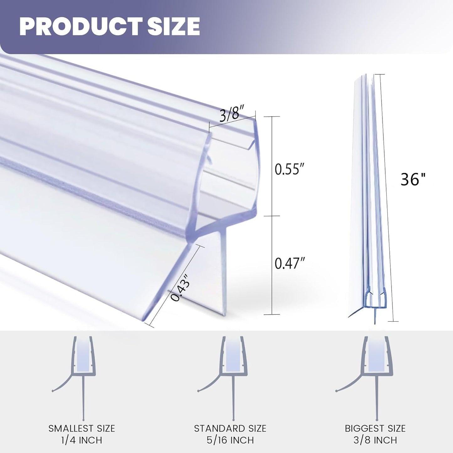 Frameless Shower Door Bottom Seal Strip for 3/8"(10mm) Thick Glass, Super Clear 36 Inch Long 2PCS Shower Door Seal, to Water Block