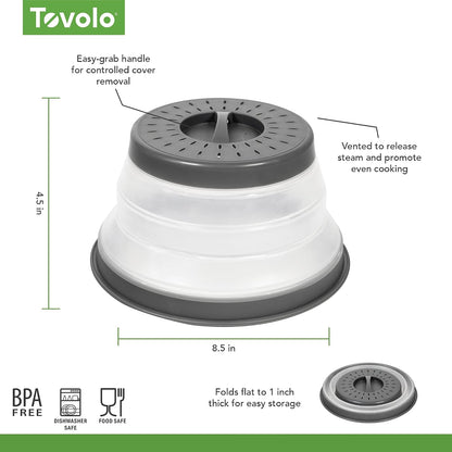 Tovolo Microwave Splatter Cover for Food, Large (Charcoal) - Collapsible & Vented Silicone Splatter Guard Lid - Microwave Plate & Dish Cover with Handle - BPA-Free Kitchen Gadget for Meal Prep