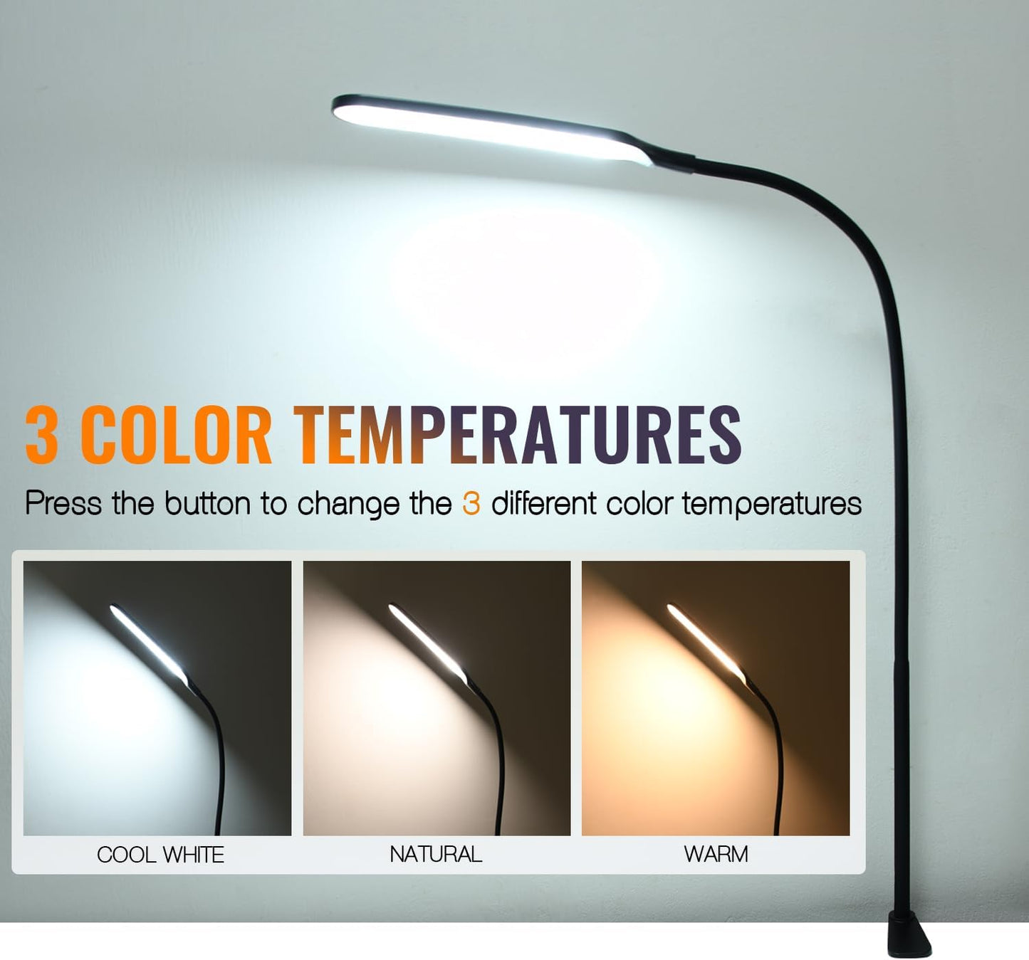 18W 3000LM LED Clamp Desk Lamp | CRI 95 Eye-Caring Light with Remote & Touch Control, 360 Flexible Gooseneck, 3 Color Modes for Home Office(Adapter Included)