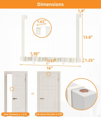 Broom Holder Over The Door with Hooks -304 Stainless Steel (Black) | Save Space, Anti-Rust & Sturdy, Mop and Broom Holder Wall Mounted or Hanging Over The Door, for Garage Laundry Kitchen