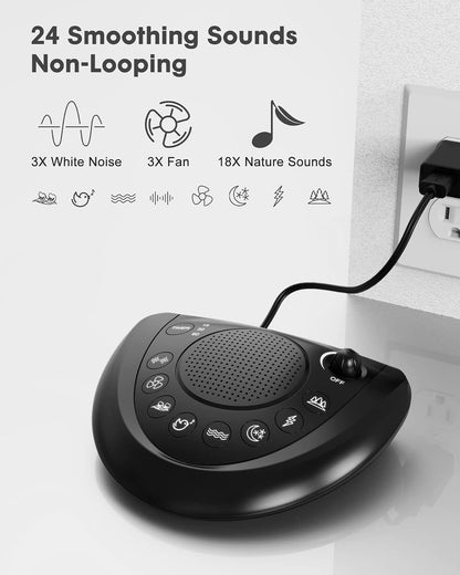 Mesqool Portable White Noise Machine with 24 Soothing Sounds for Sleep | Timer and memory function, headphone jack, USB charging, and AC or battery power for babies, kids, adults and travel