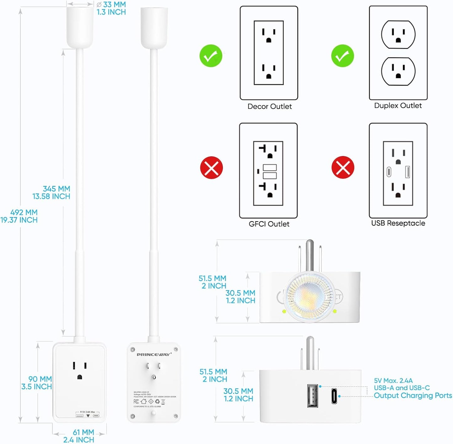 Plug in LED Book Reading Spot Light, White Dimmable Wall Sconce Lamp with Power Plug and Outlet Extender for Kitchen Bedroom Living Room, 3 Lighting Colors, USB Output Charging Ports