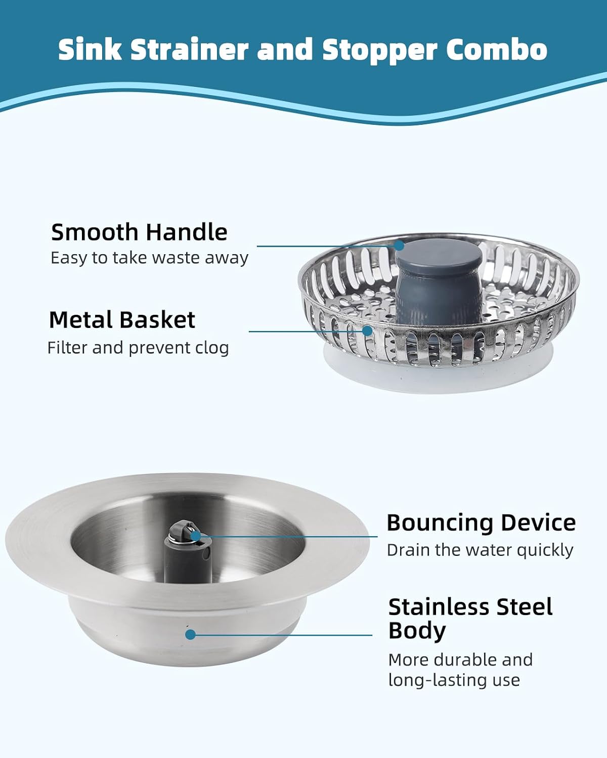 Universal 3 in 1 Kitchen Sink Drain Strainer Stopper Combo, Matte Black | Stainless Steel Shell Pop Up Sink Stopper for US Standard 3-1/2 inch Drain Filter, Anti-Clog and Easy Clean