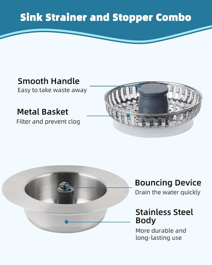 Universal 3 in 1 Kitchen Sink Drain Strainer Stopper Combo, Matte Black | Stainless Steel Shell Pop Up Sink Stopper for US Standard 3-1/2 inch Drain Filter, Anti-Clog and Easy Clean