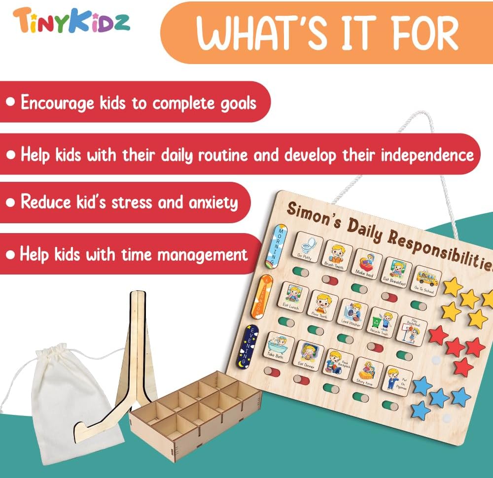 TinyKidz Wooden Daily Routine Chart 11x15, Schedule Board for Kids, Wooden Chore Chart for Kids, Responsibilities Chart for Toddlers, Morning Bedtime Routine for Toddlers