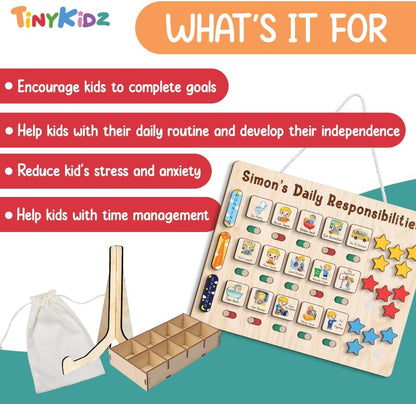 TinyKidz Wooden Daily Routine Chart 11x15, Schedule Board for Kids, Wooden Chore Chart for Kids, Responsibilities Chart for Toddlers, Morning Bedtime Routine for Toddlers