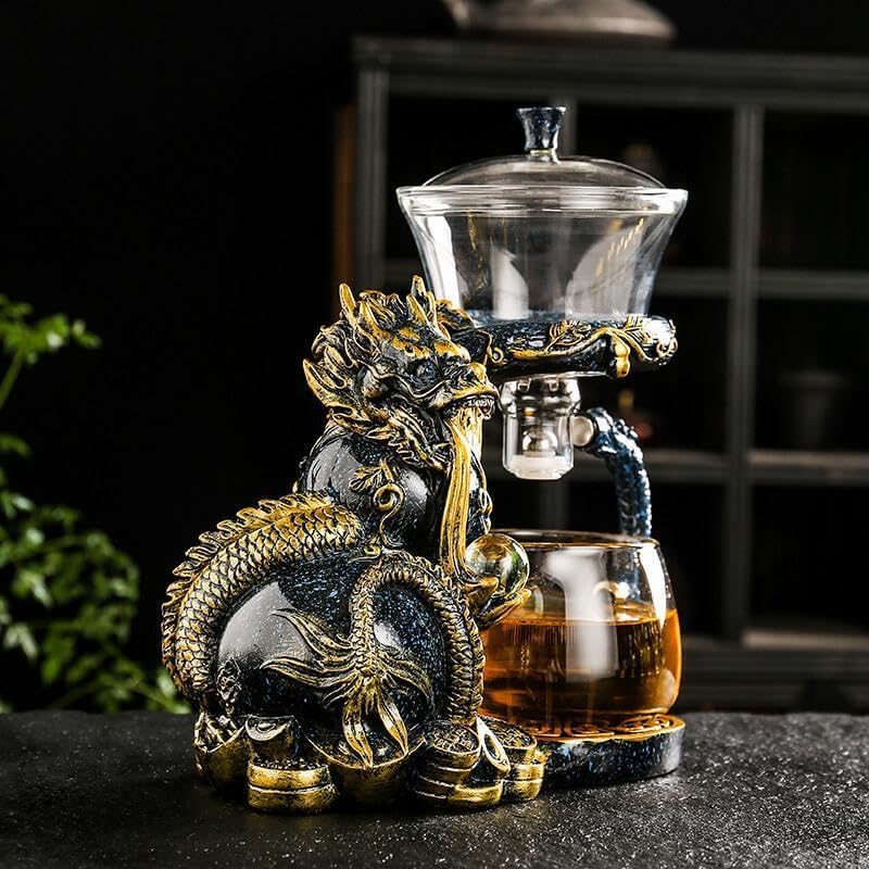 Glass Teapot Set with Infuser Semi Automatic Dragon Tea Set (Blue golden teapot)