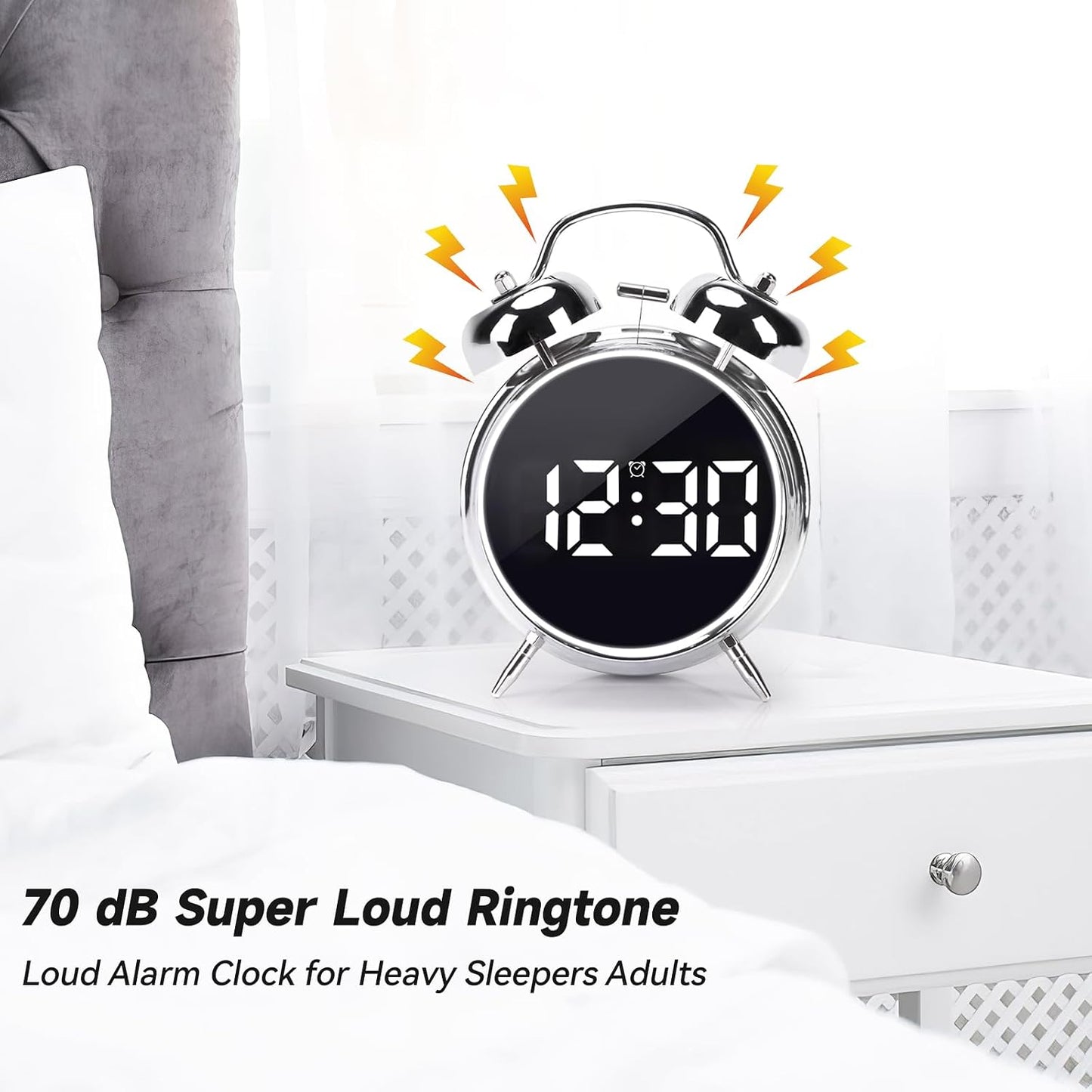Digital Small Alarm Clock, 4.5 Inch Double Bell Electronic LED Alarm Clock, Plug in or Battery Operated Silent Metal Table Clock, Modern Loud Bedside Clock for Heavy Sleepers Adults Kids (Black)