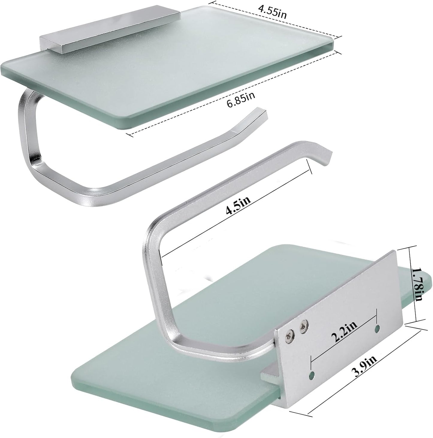 Toilet Paper Holder with Tempered Glass Shelf, Toilet Roll Holder | Modern Bathroom Design, Phone Storage Rack, Steel Construction, Wall Mount, Frosted Finish, Screws or 3M Adhesive Option