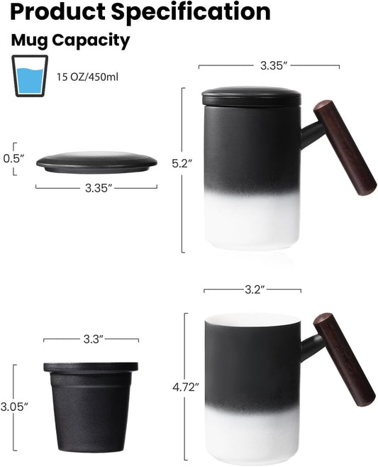 Tea Cup with Infuser and Lid,15 oz Ceramic Loose Leaf Tea Mug,Blue | All Ceramic Infuser &Wooden Handle,Hand Wash Only,Metal-Free,Lead-Free,BPA-Free,Warm Gift for Tea Lovers