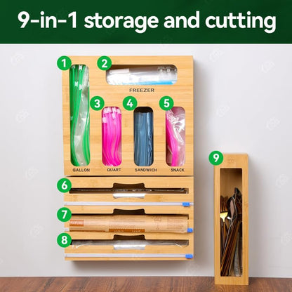 LDQ 9-in-1 Shatterproof Square Bamboo Storage Box - Aluminum Foil Dispensr with Cutter, Reusable Quarter Multi-Functional Sealed Bag Organizer for Kitchen Drawers, Walls, and Cabinetse