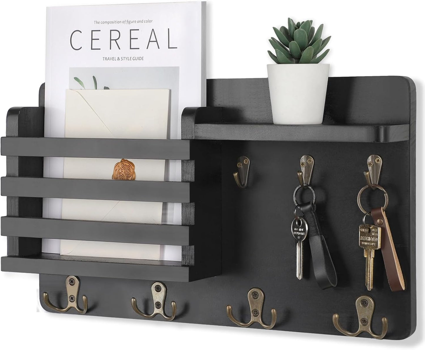 Nekon Mail Holder for Wall, 16.8 Inch Mail Organizer, Black | 16.8Inch x 10Inch x 3.2Inch, Hallway Farmhouse Decor, Storage Racks with Floating Shelf and Flush Mount Hardware