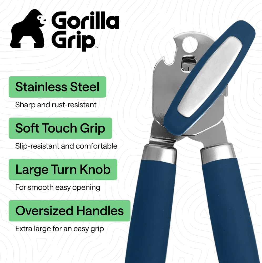 GORILLA GRIP Original Model Stainless Steel Smooth Edge Manual Can Opener and Bottle Openers, US Designed, Comfortable Handle, Oversized Handheld Turn Knob, Multifunctional Kitchen Tool, Gray