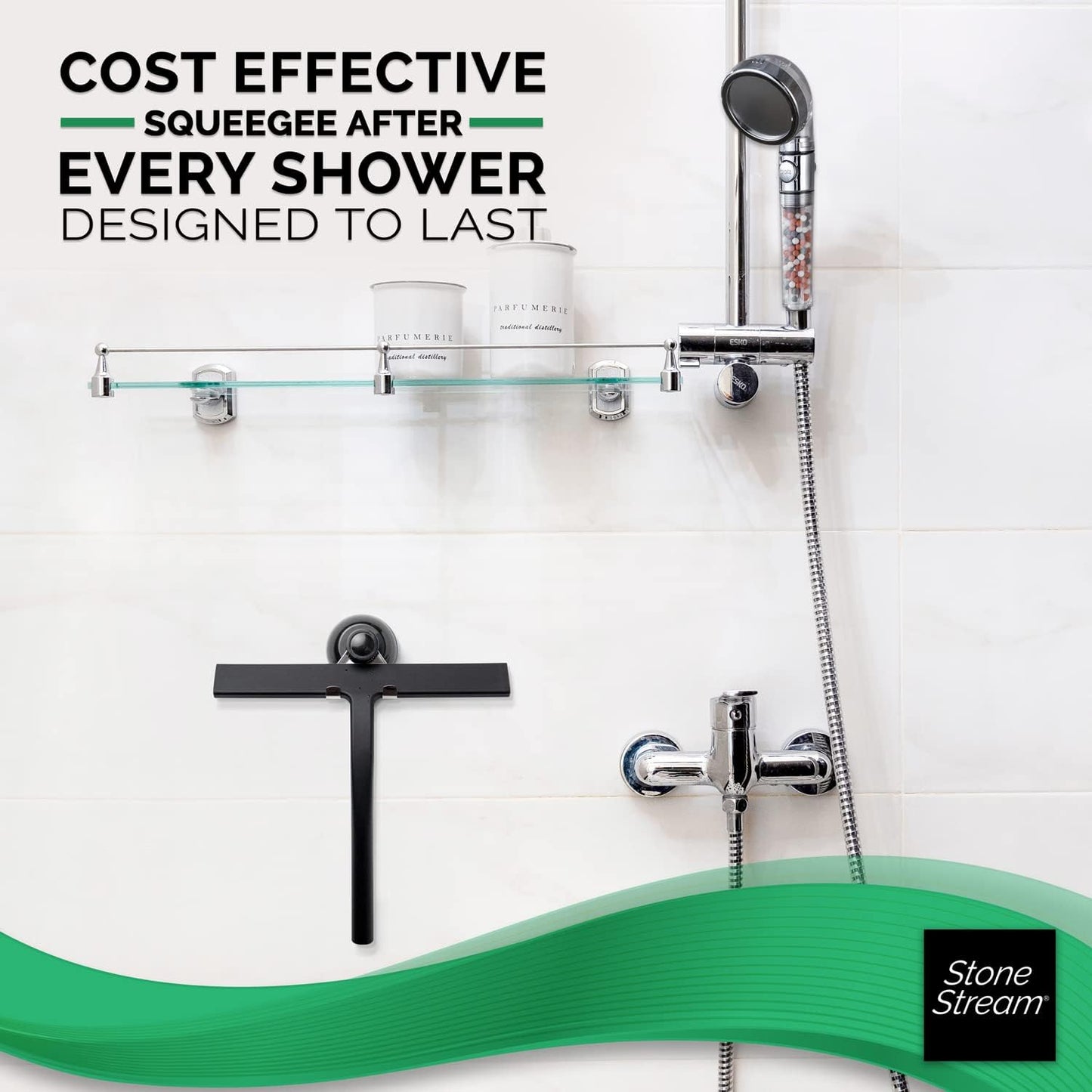 Original StoneStream Stainless Steel Shower Squeegee - Premium Quality Bathroom Squeegee with Non-Slip Handle and 2 Holders for Quick and Easy Cleaning of Glass, Tile, and Mirrors - Matte Black