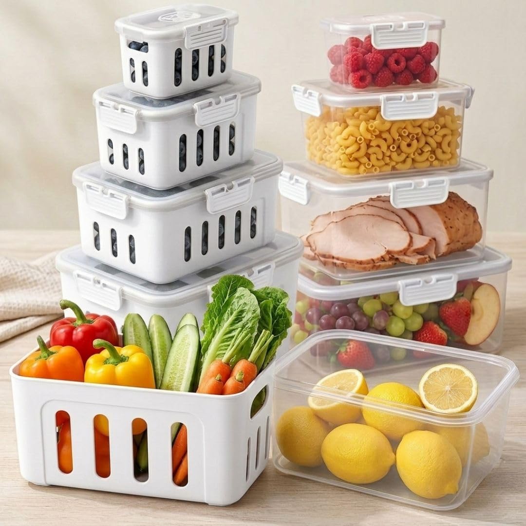 Fruit Containers for Fridge, 5-Pack Airtight Storage Set | Berry Storage Container for Refrigerator, Removable Colander, BPA-Free Non-Toxic Produce Organizer, Dishwasher Safe, White
