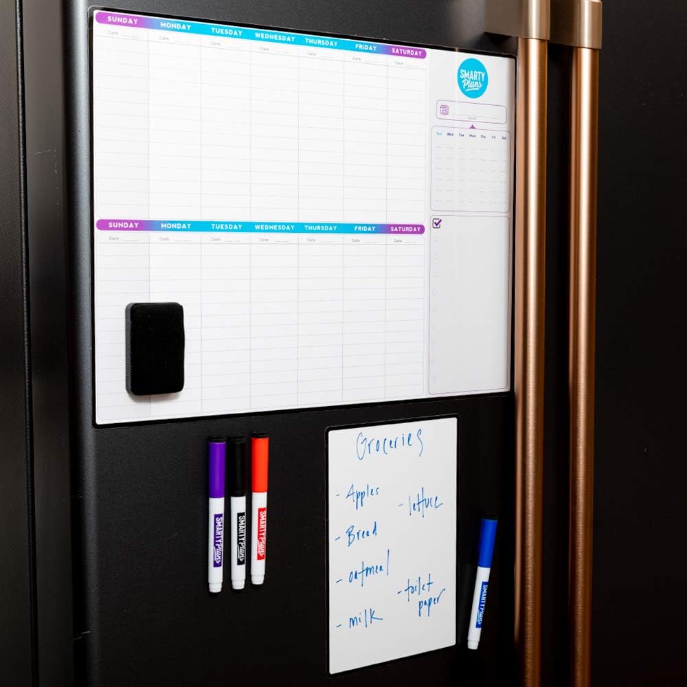 Dry Erase Weekly Extra Thick Magnetic Calendar for Refrigerator: 17x13 Two Week Planner and 6x9 White Board, 4 Fine Tip Markers and Eraser. Stain Resistant. Shipped Flat. (Monthly Planner)