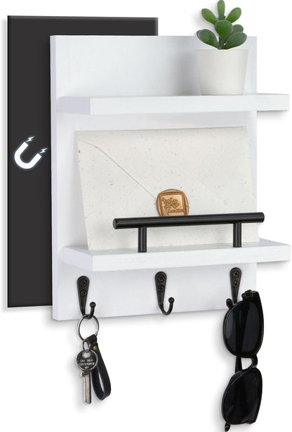 Key Holder Wall Mount, Mail Shelf Decor with 3 Key Hooks, Versatile Wood Wall Organizer for Entryway Hallway (8.2” x 10.6”x 3.6”) (White) | Farmhouse Key Hanger Holds Dog Leash, Sunglasses – Decorative Mail Organizer Home Decor