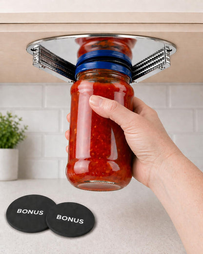 Under Cabinet Jar Opener for Seniors with Weak Hands, All Metal Easy Grip Lid Opener Under Cabinet for Arthritis Hands, Bonus 2 Rubber Jar Openers