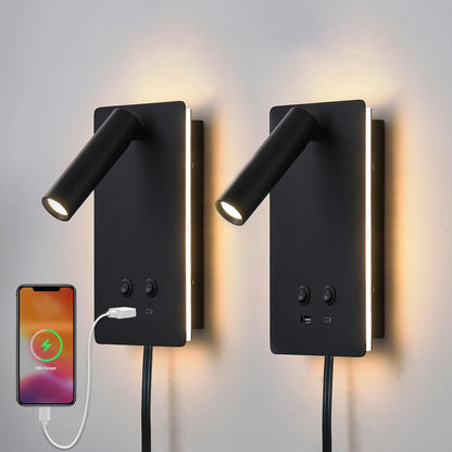 MOLUOLA LED Wall Lamp Wall Mounted Reading Lights, Adjustable Headboard Plug in Wall Sconce with USB C+A Ports, Headboard Bedside Lamp with 9W+3W Night Light 3000K (White)
