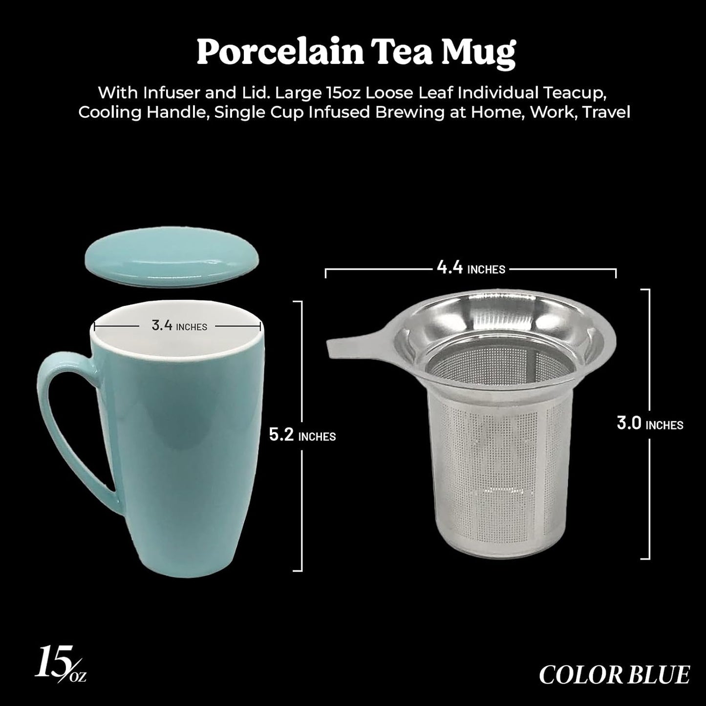 PorcelainTea Mug, 15oz Ceramic Tea Infuser Cup with Cooling Handle & Strainer, Microwave and Dishwasher safe Steeping Cup for Tea lovers, Christmas, Birthday and Mother’s Day (Turquoise)