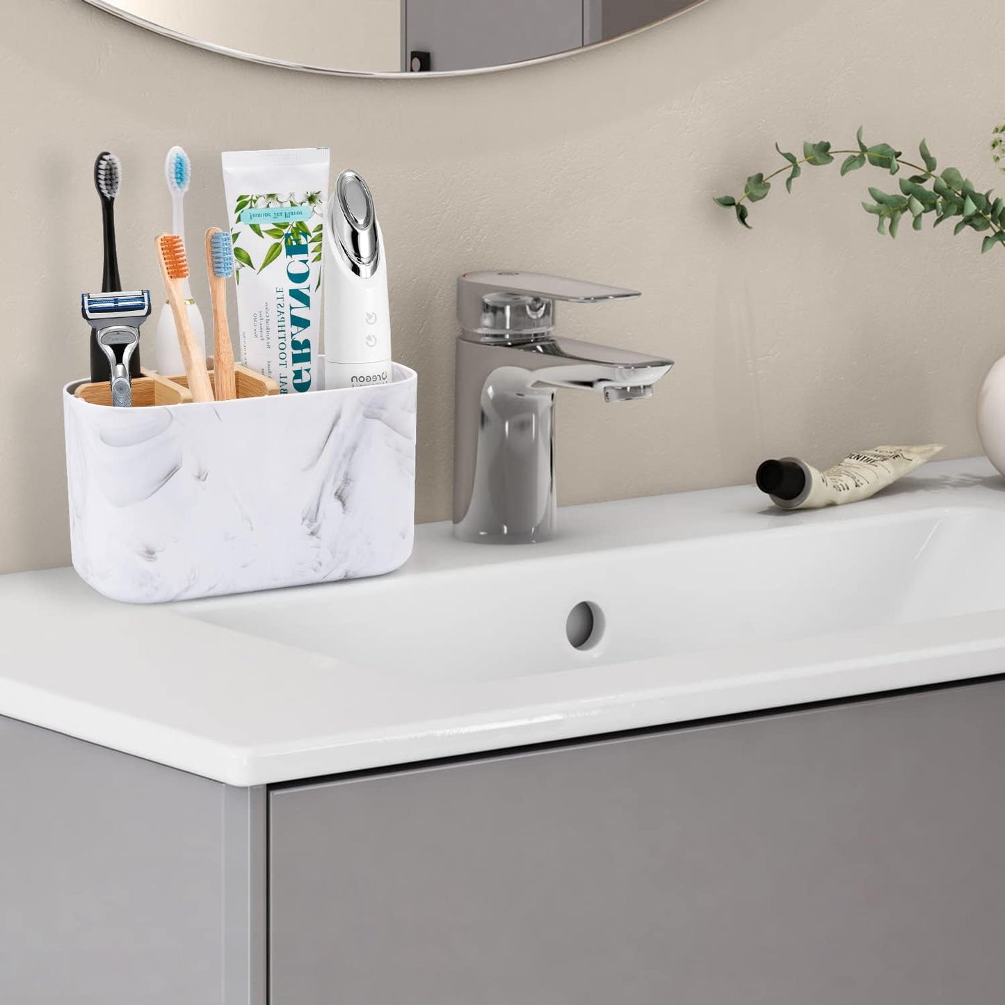 GFWARE Toothbrush Holders for Bathrooms - Bamboo Divider Toothbrush and Toothpaste Holder with Drainage, Kids Electric Toothbrush Organizer for Bathroom Countertop, White Tooth Brush Holder | 5 Slots Toothbrush and Toothpaste Holder with Bamboo Divider,