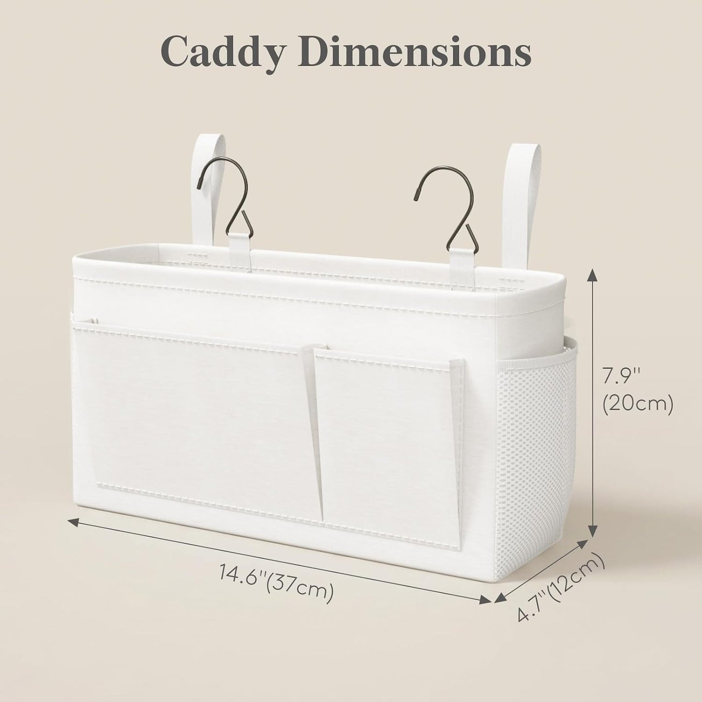 Lifewit Bedside Caddy Storage Organizer, Hanging Storage Bag with Fixed Straps, Book Remotes Holder for Home, College, Dorm, Bunk, Hospital, Crib Bed Rails, White