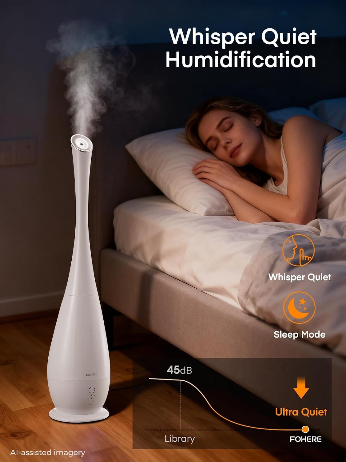 FOHERE Humidifiers for Bedroom Large Room, 5L Cool Mist Quiet Humidifier 48H Long Last for Indoor Plant, Baby, Home, Office with Humidity Sensor, Aroma Box, 3 Speed Settings, White