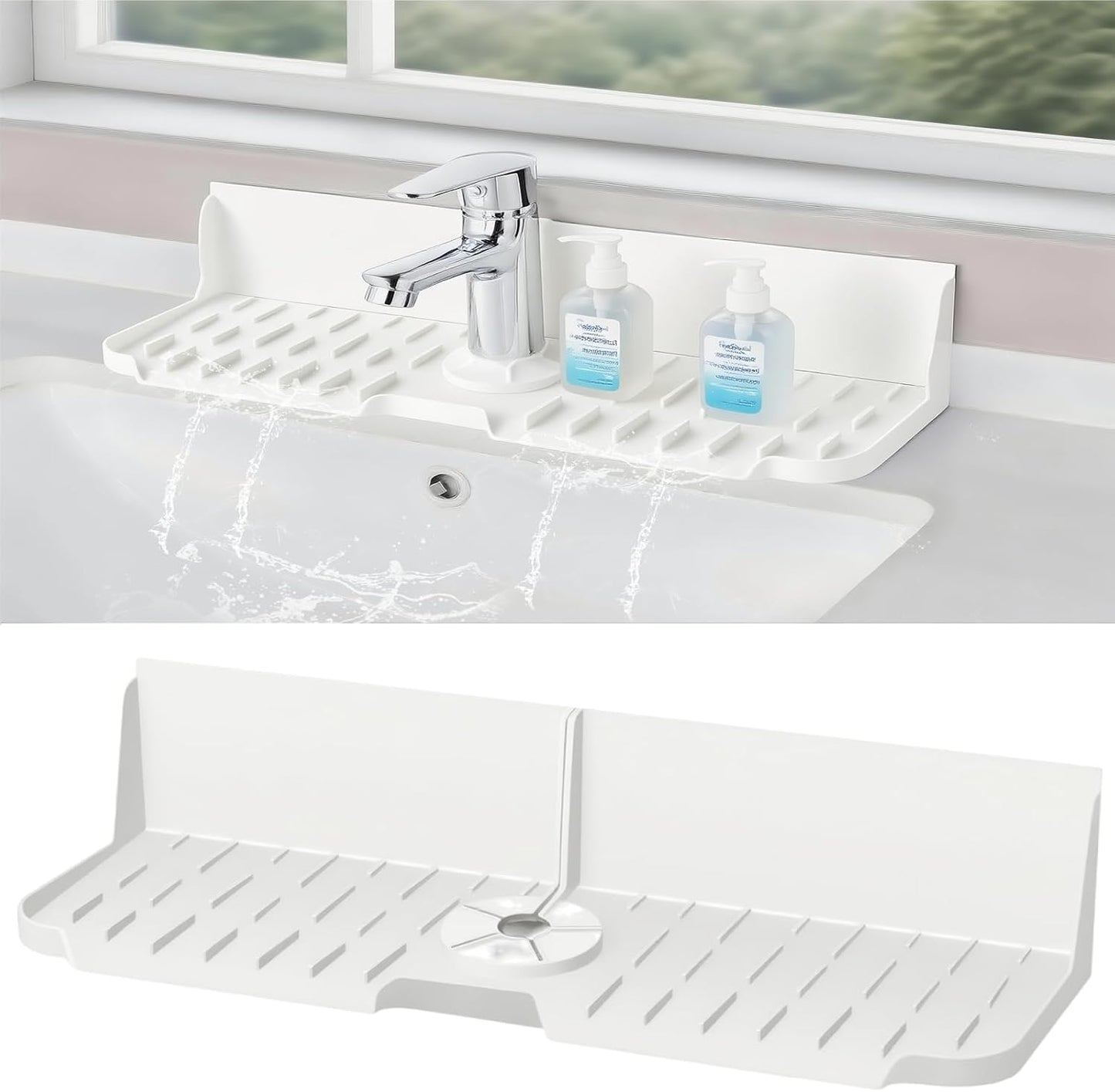 Sink Splash Guard Behind Faucet, Silicone Sink Faucet Drying Mat & Dish Soap Sponge Holder, 17" x 5.5" Silicone Kitchen Sink Auto Drain Organizer (Grey)