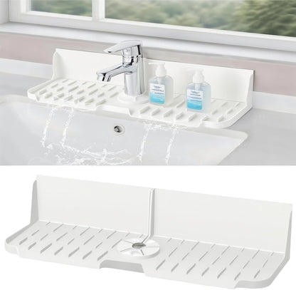 Sink Splash Guard Behind Faucet, Silicone Sink Faucet Drying Mat & Dish Soap Sponge Holder, 17" x 5.5" Silicone Kitchen Sink Auto Drain Organizer (Grey)