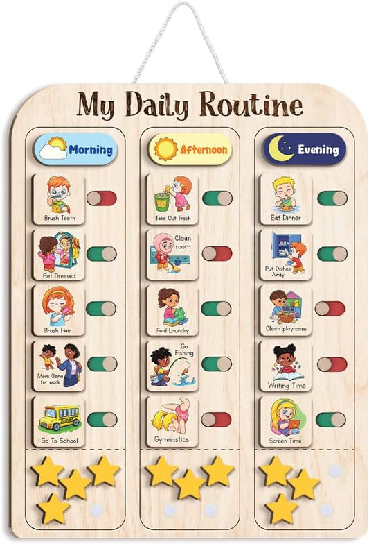 My Daily Routine Chart for Kids 11x14 Inch – Wooden Chore Chart with Morning Afternoon Evening Sections, Visual Schedule Board with Sliding Trackers & Star Reward System for Toddlers