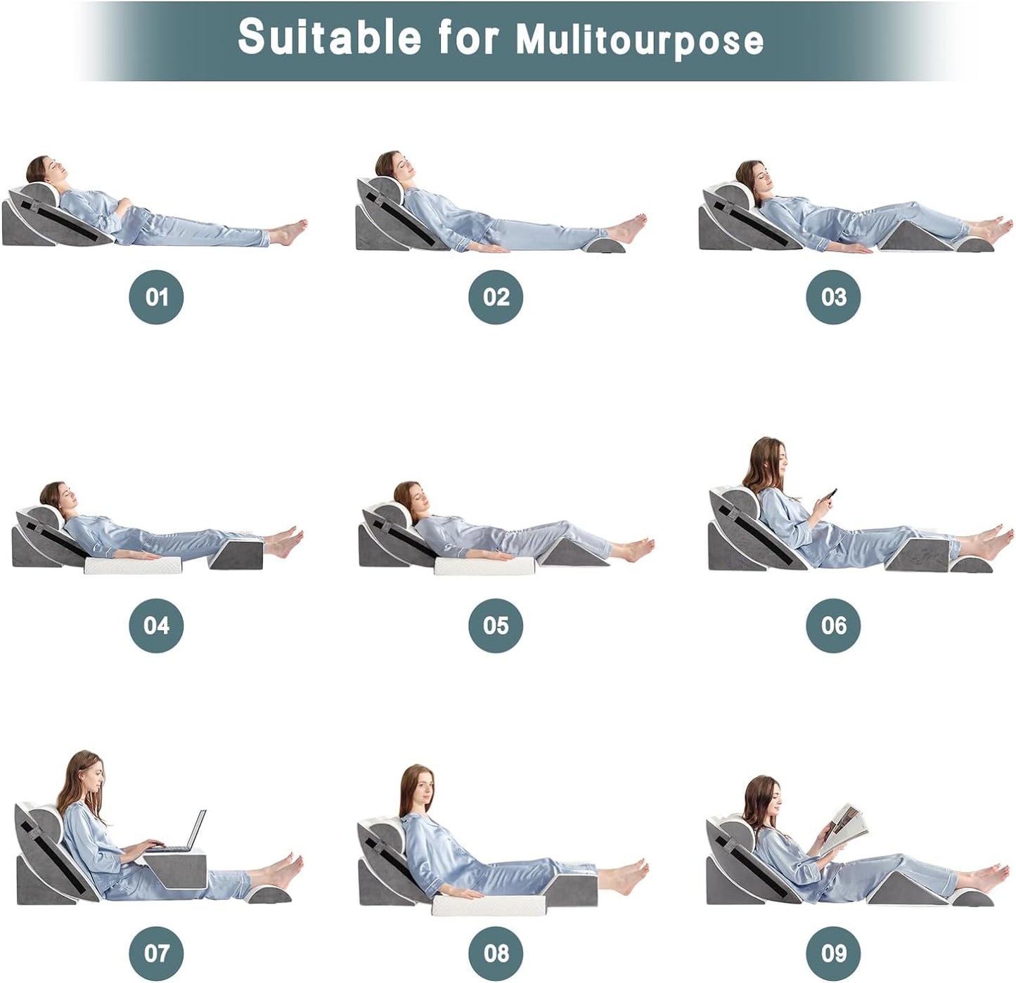 4PCS Bed Wedge Pillow Set for After Surgery, Orthopedic Wedge Pillows for Sleeping, Back, Neck and Leg Pain Relief, Adjustable Memory Foam Support Pillows for Acid Reflux, GERD & Snoring, Grey