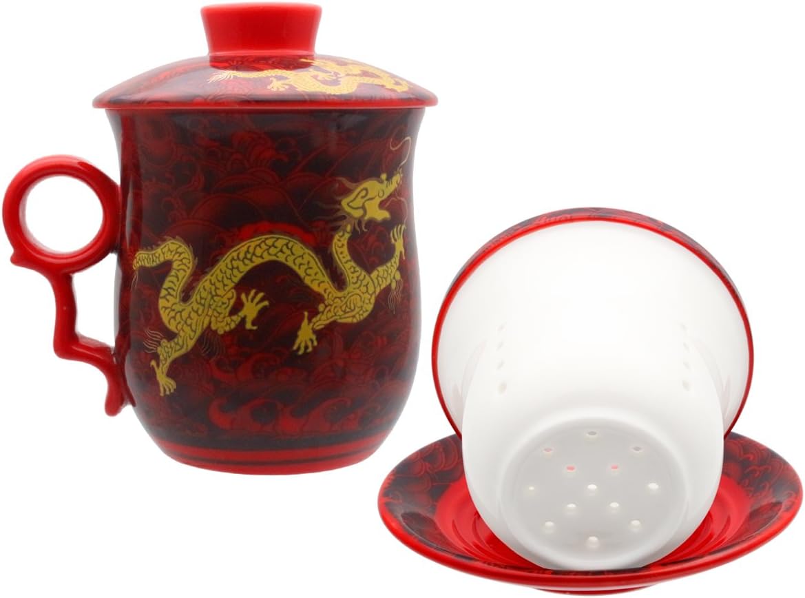 Porcelain Tea Cup with Infuser Lid and Saucer Sets - Chinese Jingdezhen Ceramics Coffee Mug Teacup Loose Leaf Tea Brewing System for Home Office