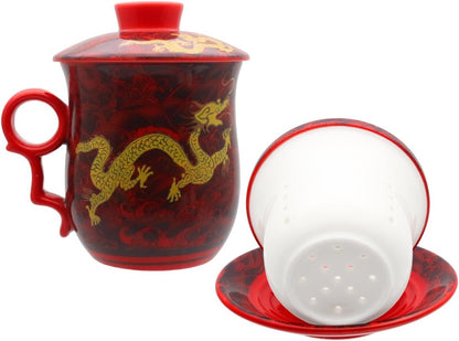 Porcelain Tea Cup with Infuser Lid and Saucer Sets - Chinese Jingdezhen Ceramics Coffee Mug Teacup Loose Leaf Tea Brewing System for Home Office
