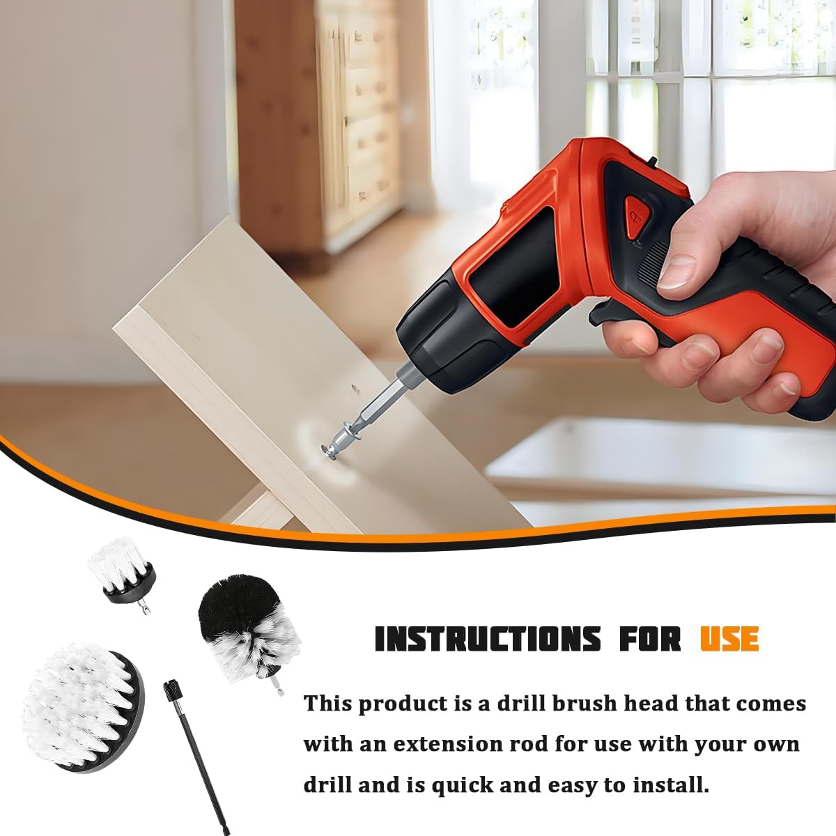 4PCS Drill Brush Attachment Kit with Extension Rod, Red | PP bristles with steel shafts, three brush sizes, quick-change extension rod, follows curved surfaces, compact storage