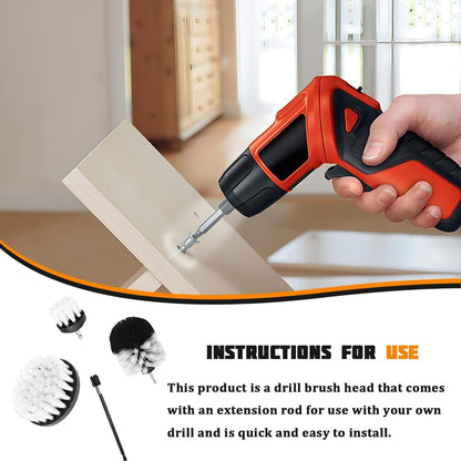 4PCS Drill Brush Attachment Kit with Extension Rod, Red | PP bristles with steel shafts, three brush sizes, quick-change extension rod, follows curved surfaces, compact storage