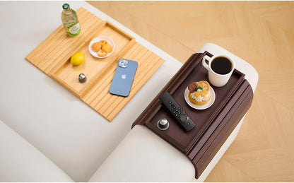 Bamboo Couch Arm Tray Table，Foldable Sofa Armrest Tray Table for Couch，Flexible and Anti-Slip Couch Arm Cup Holder，Portable Sofa Arm Chair Table for Drink,Cups, Eats，Snacks, Phone, Remote