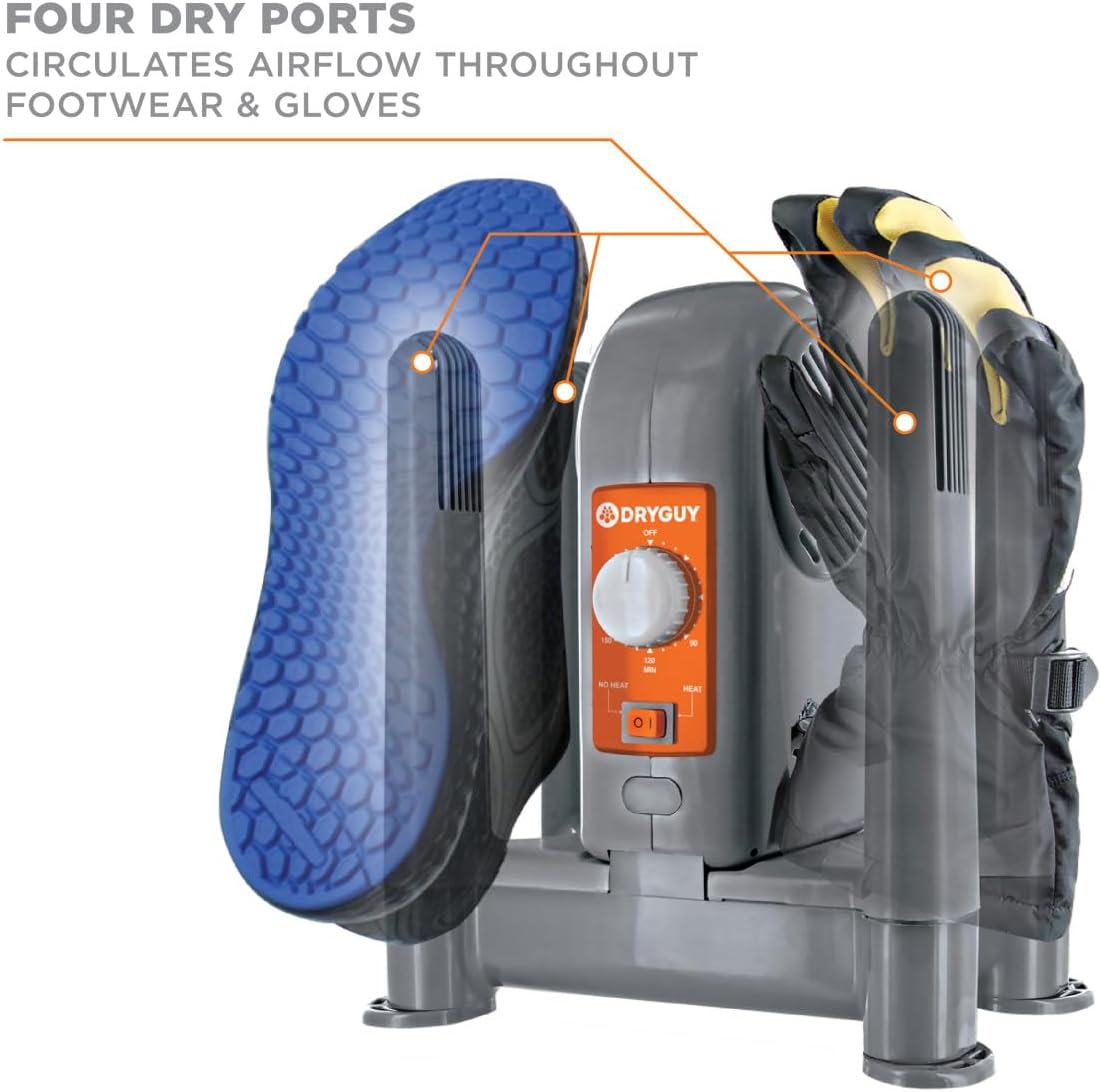 DryGuy Shoe, Boot, Garment & Gear Electric Dryer, Quick Drying for Ski, Work, Sports Equipment – Energy Efficient, Odor Eliminating Design, Home or Garage Use,4 Port, Heat + Fan (Dry time: 1-3hrs)