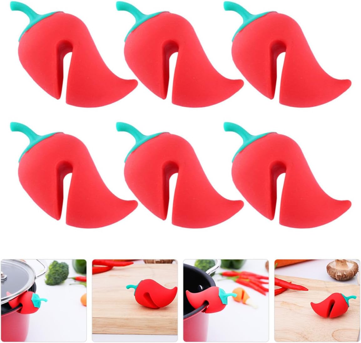 Healeved 6pcs Small Pepper-shaped Silicone Pot Lid Spill-proof Lifters Boil Stopper Pan Protectors for Kitchen Cooking