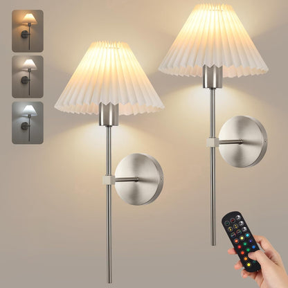 Rechargeable Battery Operated Wall Sconce Sets of 2, 15 Colors Wireless gooseneck Black Wall Lights Fixture with Dimmable Bulbs and Remote, Not Hardwired Wall Mounted Lamps for Bedroom Living Room