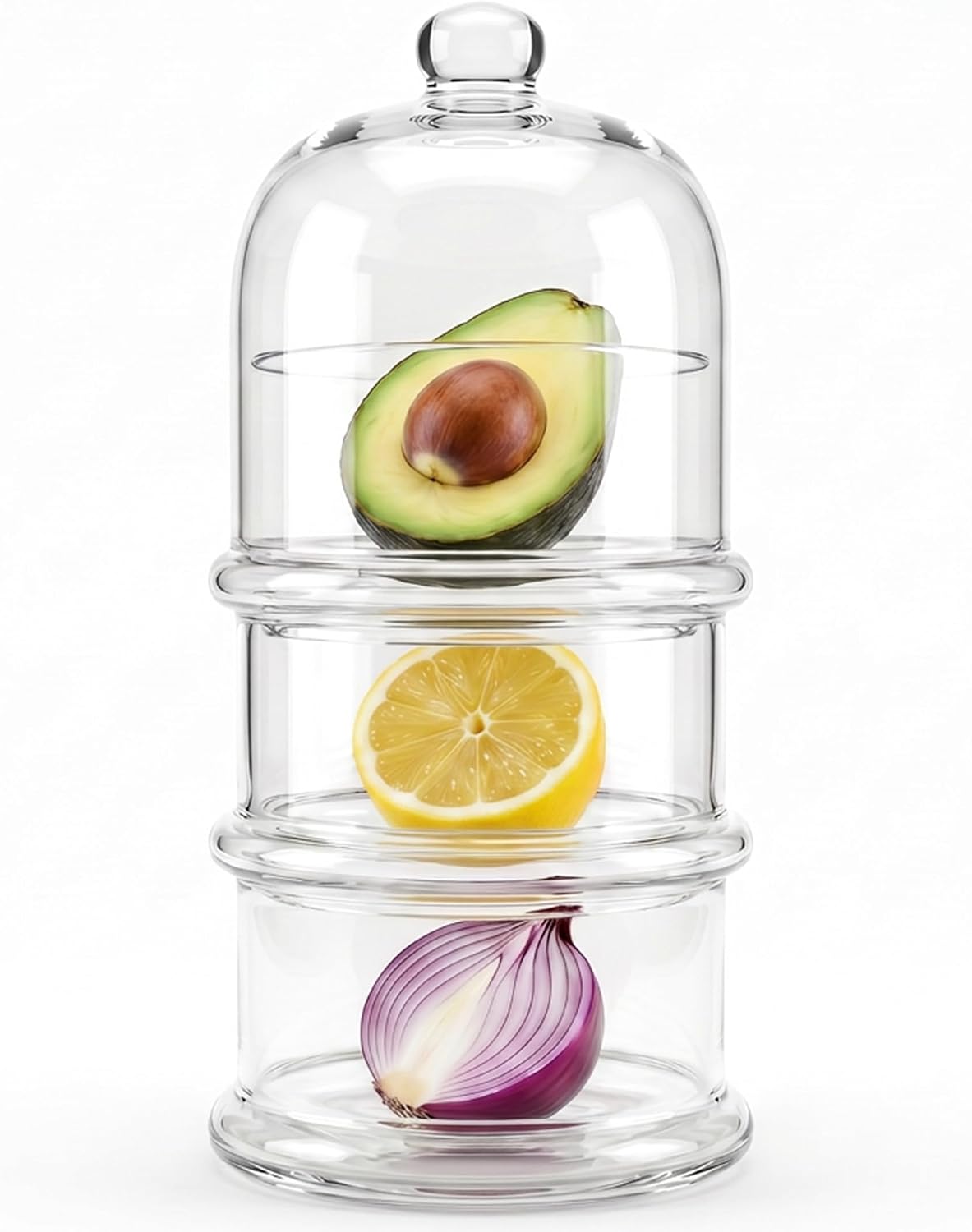 Multipurpose Glass Stackable Storage Jar with Lid, Avocado, Lemon, Onion, Tomato Keeper/Saver/Holder, Home & Kitchen Organizer