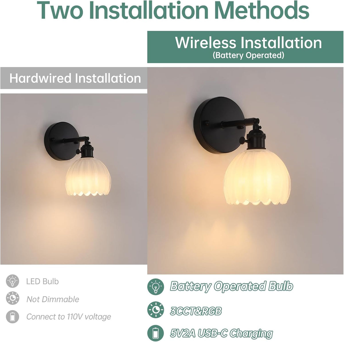 Shenmoyl Vintage Battery Operated Wall Sconce with Green Tulip Glass Lampshade Rechargeable Battery Powered Wall Light with Remote Control for Bedside Bedroom Doorway