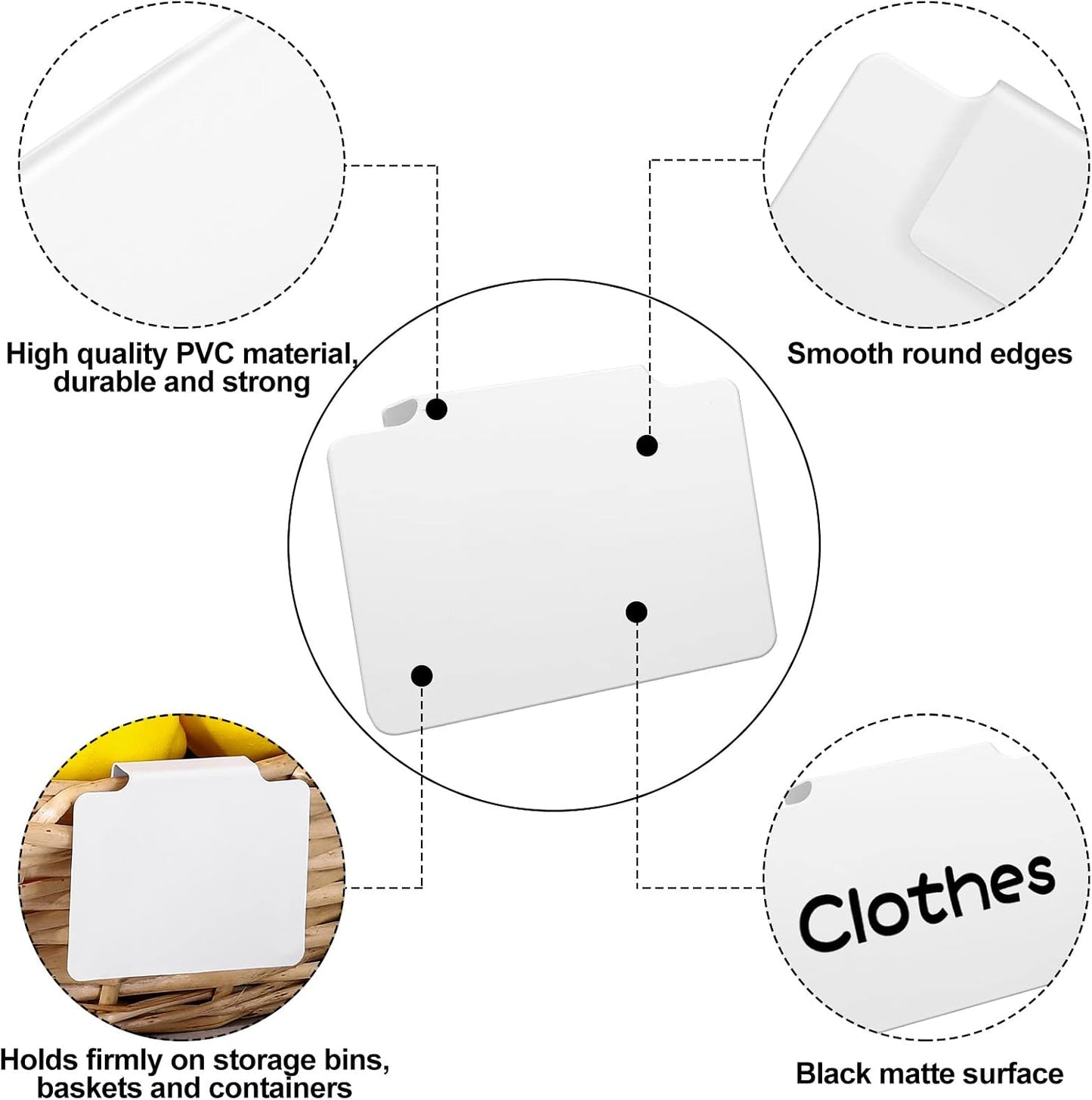 18 Pcs White Basket Labels Clip on, Removable Hanging Bin Labels for Storage Bin with Chalk Markers for Basket Kitchen Pantry