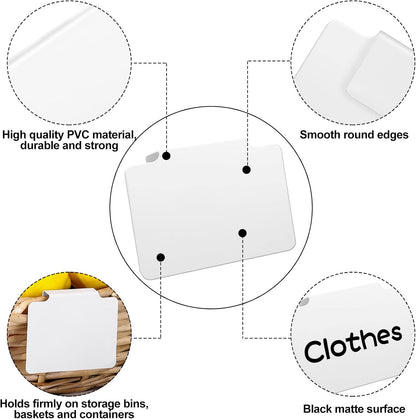 18 Pcs White Basket Labels Clip on, Removable Hanging Bin Labels for Storage Bin with Chalk Markers for Basket Kitchen Pantry